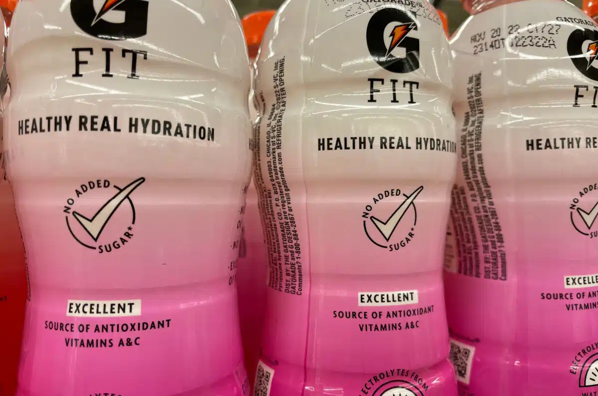 Close up photo of 2 bottles of Gatorade Fit