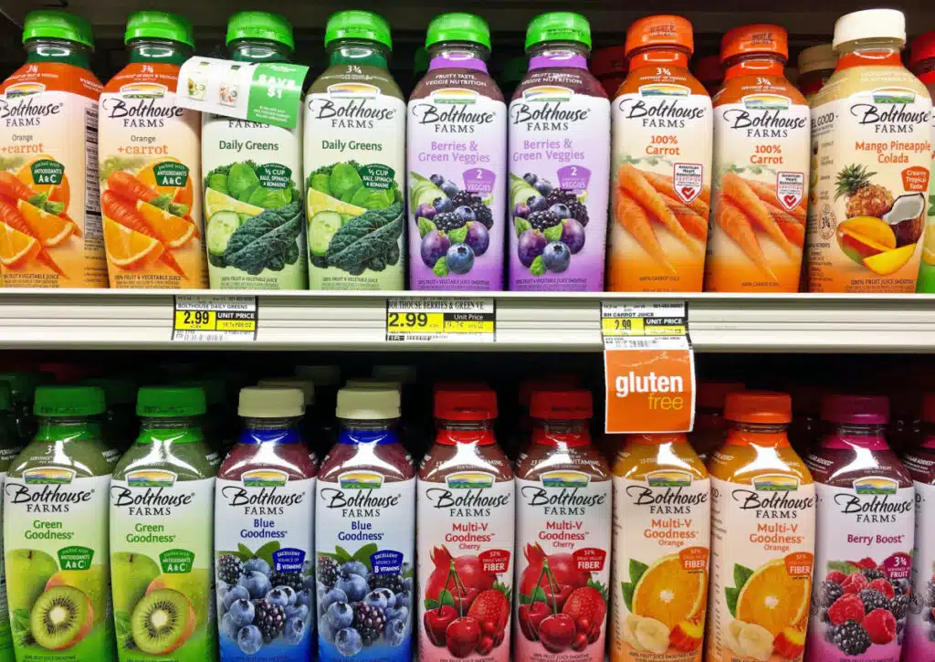 Bolthouse Farms juice lined up on store shelves.