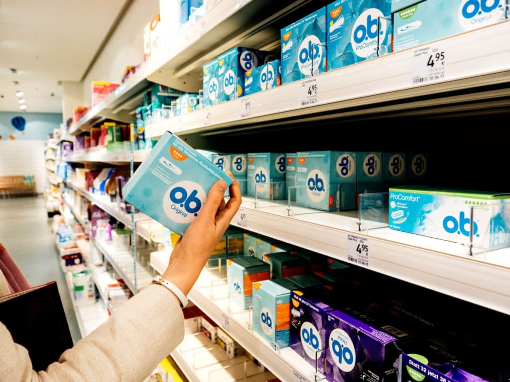 Boxes of OB Tampons on store shelf