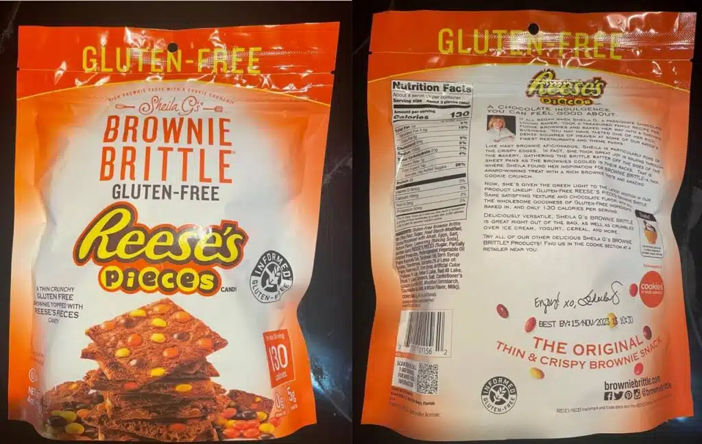Bag of recalled Reese's brittle front and back, representing the Second Nature Brands brownie brittle recall