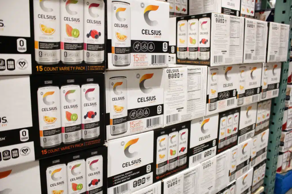 A view of several cases of Celsius energy drinks, on display at a local big box grocery store.