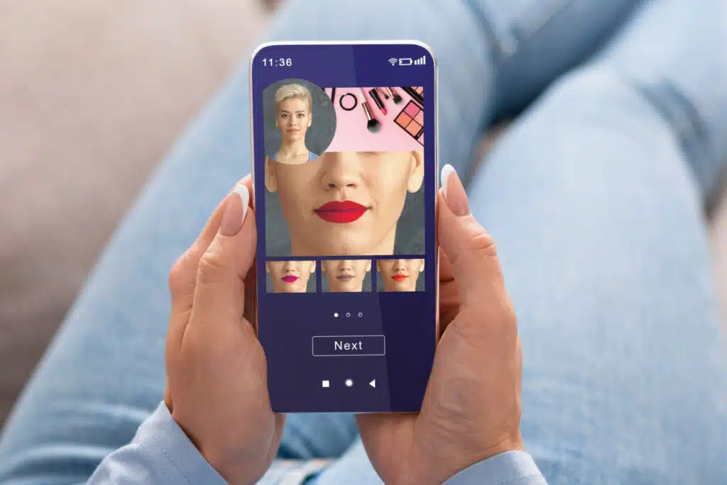 Woman Trying Different Lipstick Color Online On Smartphone