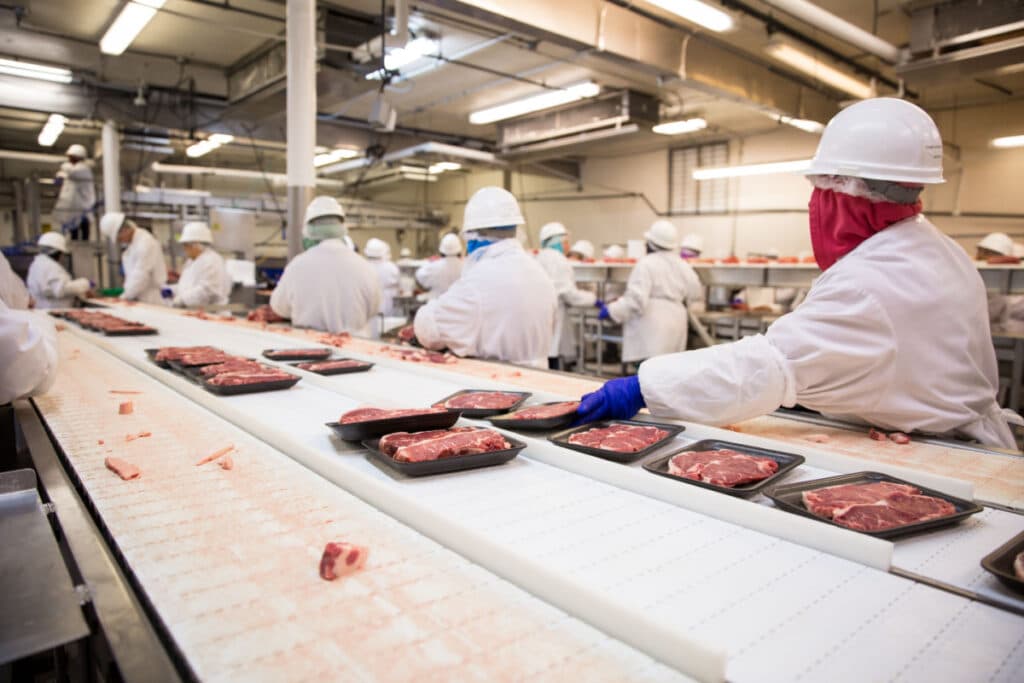 Factory workers at meat plant