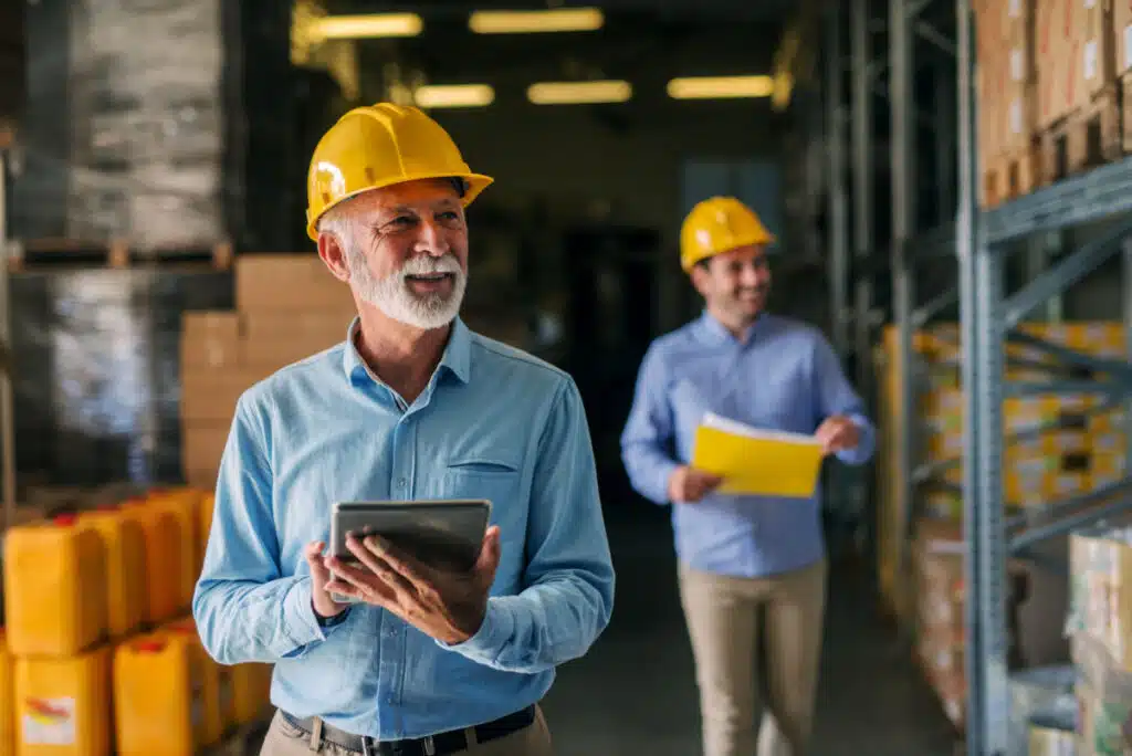 Two men in hard hats waling in warehouse representing the Indeck Power class action lawsuit settlement.