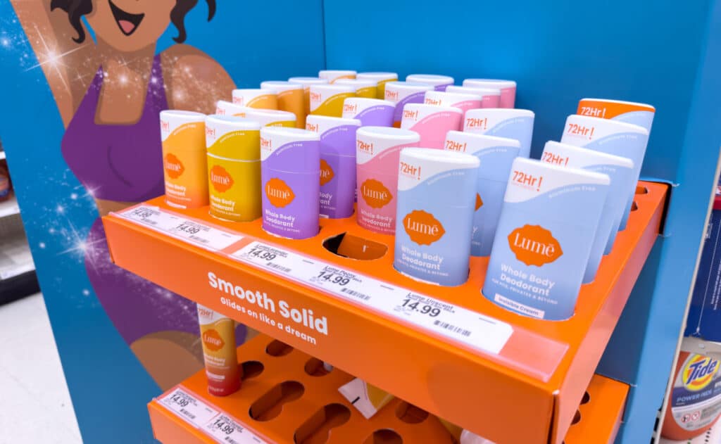 A view of several sticks of Lume deodorant