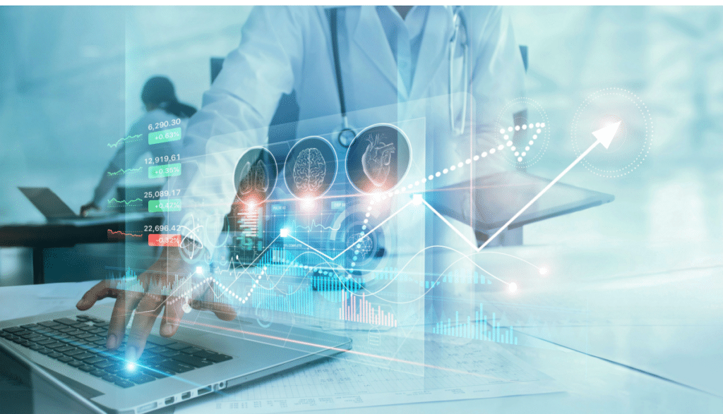 Healthcare business graph data and growth, Medical examination and doctor analyzing medical report on network