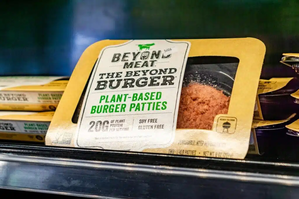 Close up of Beyond Meat plant based beef patties, representing the Beyond Meat class action.