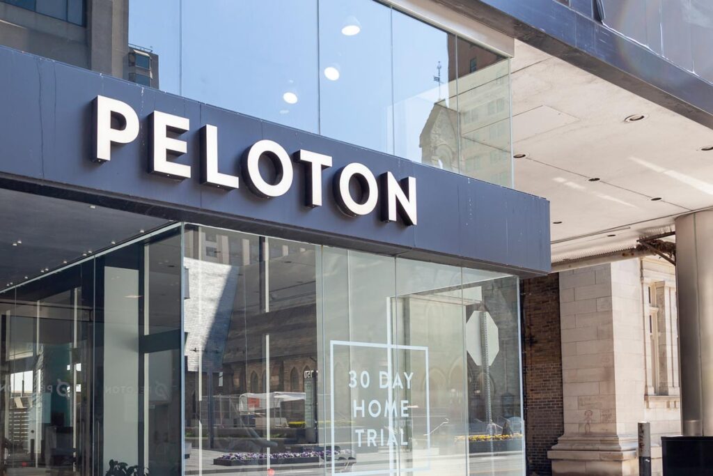 Close up of Peloton signage.