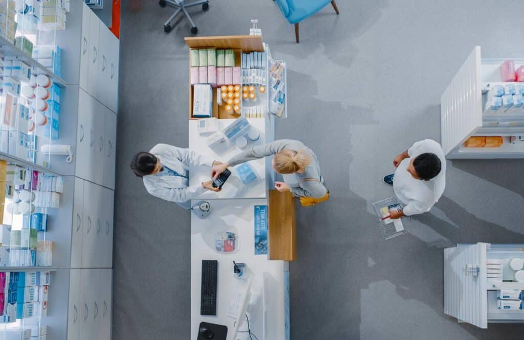 Top view of a pharmacy location, representing the Eli Lilly insulin price cap settlement.