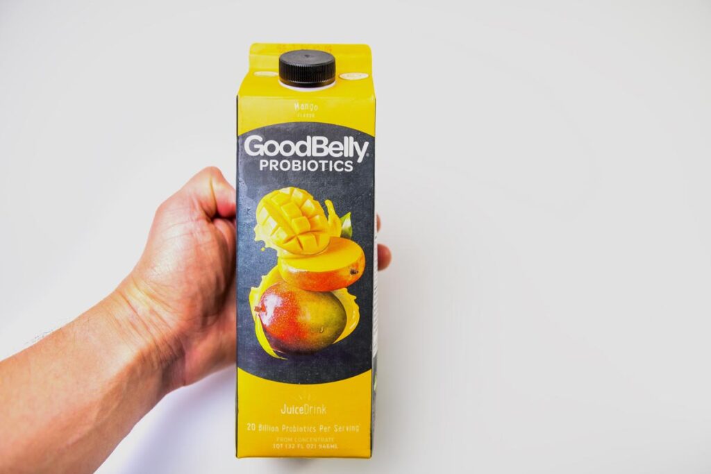 Close up of GoodBelly Probiotic juice.