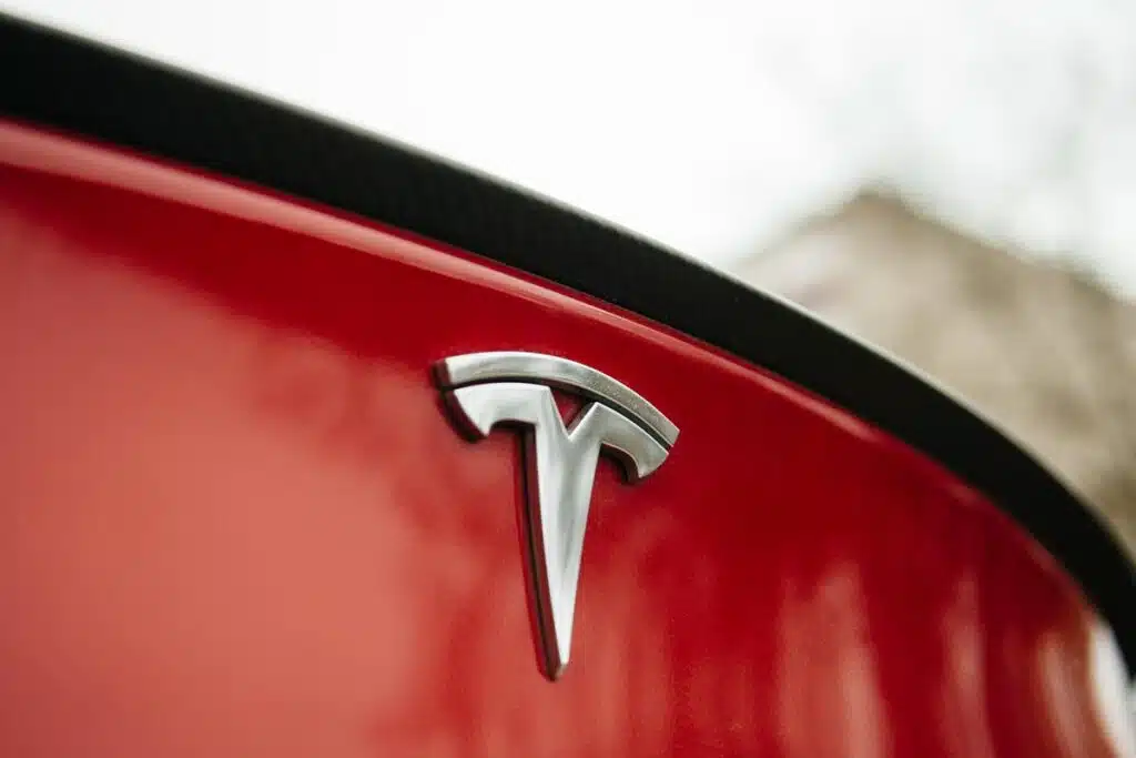 Close up of a Tesla emblem.
