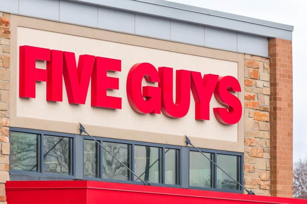 Close up of Five Guys signage.