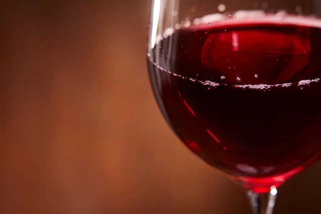Close up of wine in a wine glass.
