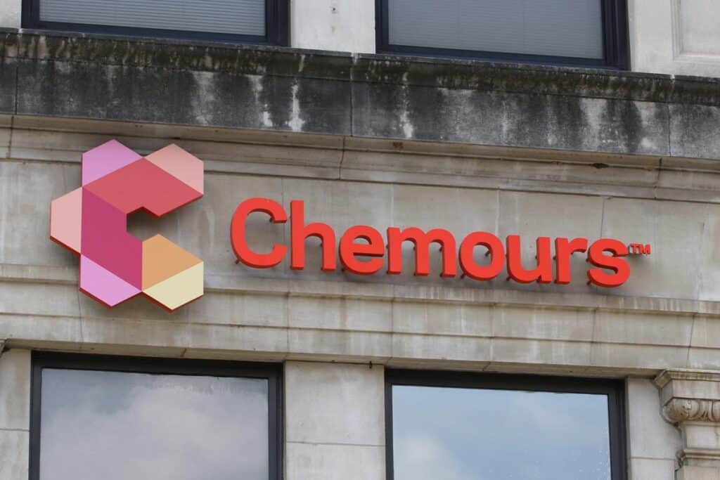 Close up of Chemours signage.