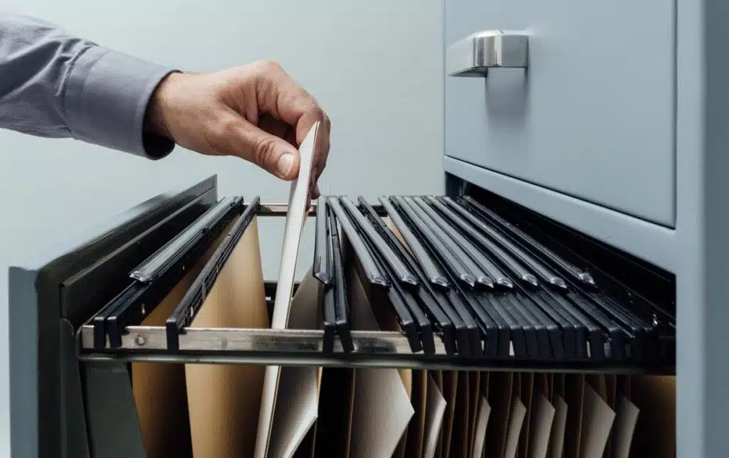 Close up of a hand searching through a file cabinet, representing the Connect Hearing settlement.