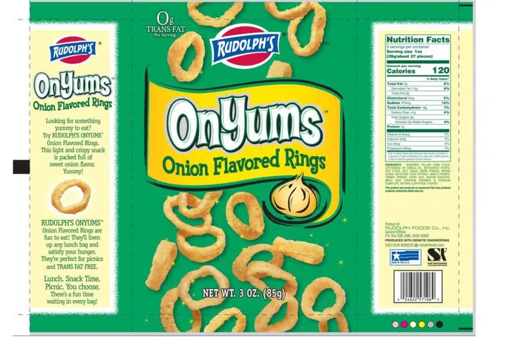 Product photo of recalled onion flavored rings by Rudolph Foods, representing the Dollar Tree OnYum Onion Flavored Rings recall.