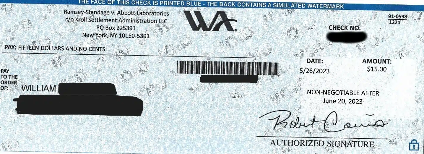 Abbott Laboratories Check 5-31-23 class action settlement checks