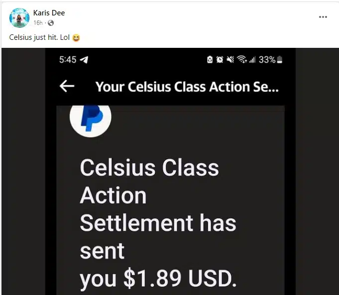 Celsius FB 6-6-23 class action settlement checks