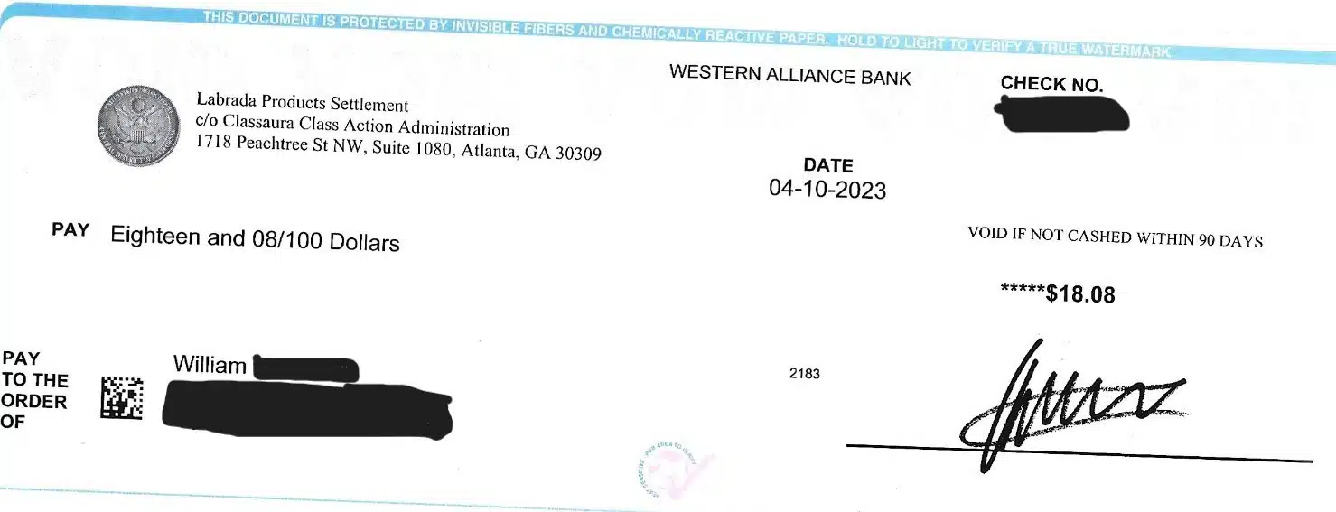 Labrada FB 4-19-23 class action settlement checks