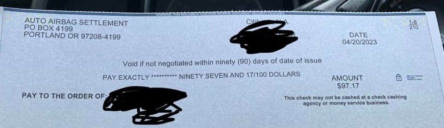 Takata Toyota Airbag check 4-20-23 settlement checks
