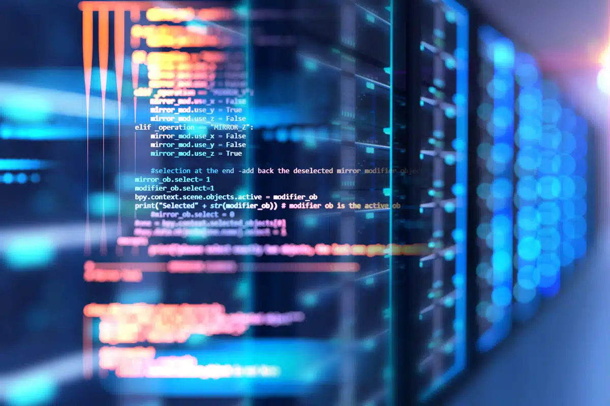 Server room with a coding concept overlay, representing the Enzo Biochem data breach class action.