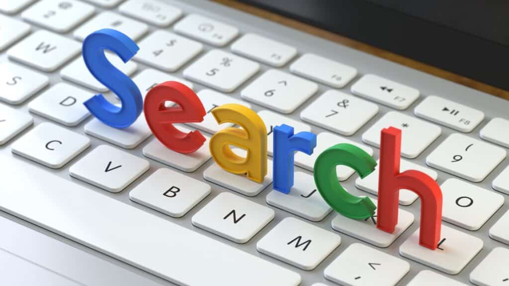 Keyboard with plastic letters spelling search, representing the Google referrer header settlement.