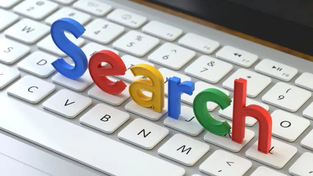 Keyboard with plastic letters spelling search, representing the Google referrer header settlement.