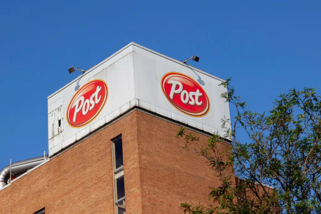 Close up of Post Foods signage against a blue sky, representing the Post Foods OK Go settlement.