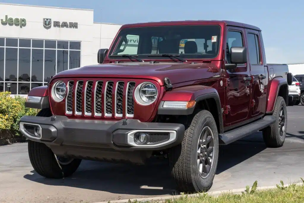 Front view of a maroon Jeep Gladiator, representing the Jeep class action.