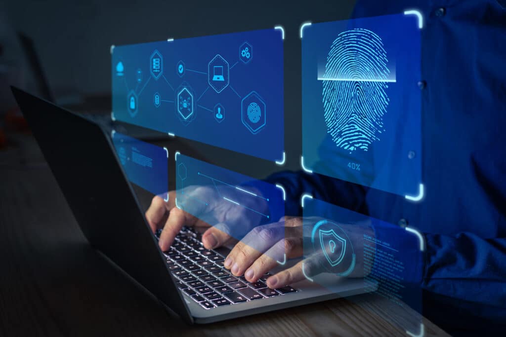 Close up of student using a computer with a biometric data concept overlay, representing the Respondus class action lawsuit settlement.