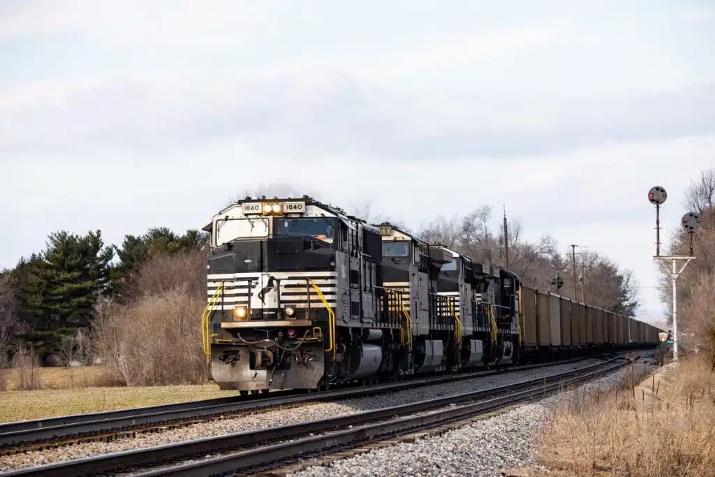 Norfolk Southern train traveling along a track, representing the Supreme Court ruling on Norfolk Southern.
