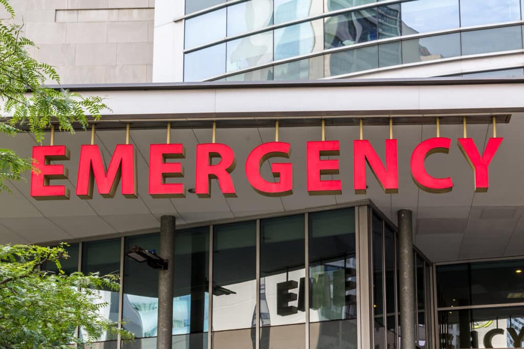 Emergency room entrance signage, representing the Boppy Newborn Loungers recall.