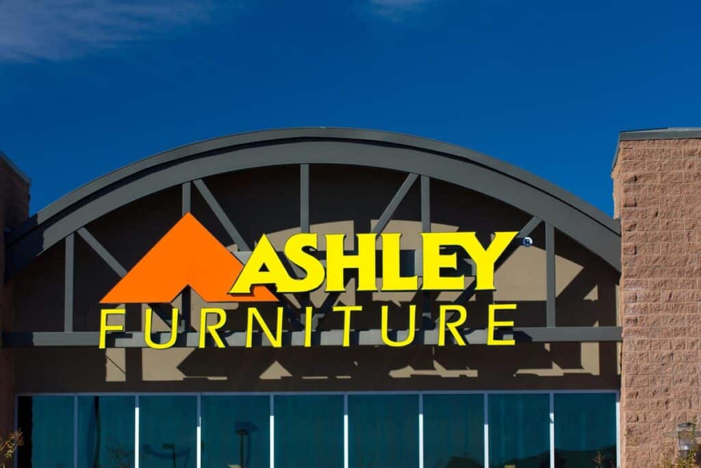 Close up of Ashley Furniture signage, representing the Ashley Furniture recall.