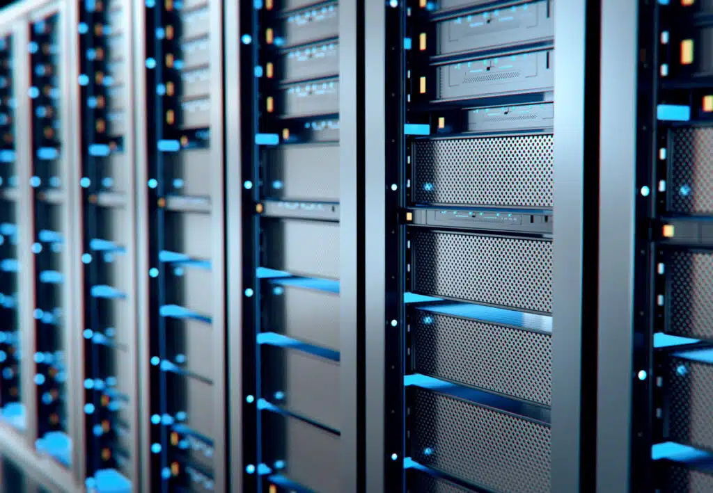 Server racks are seen in a network room, representing the Sysco data breach class action.