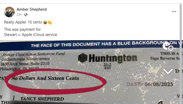 Apple iCloud FB 6-19-23 settlement checks