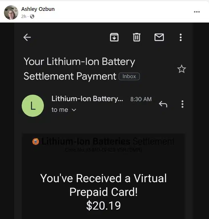 Lithium Ion Batteries FB 6-1-23 settlement checks