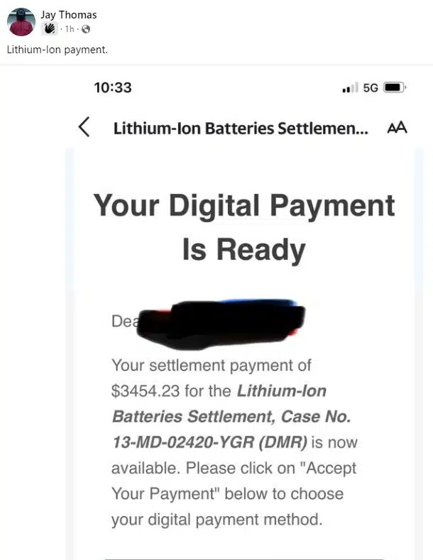 Lithium Ion Batteries FB 6-15-23 settlement checks