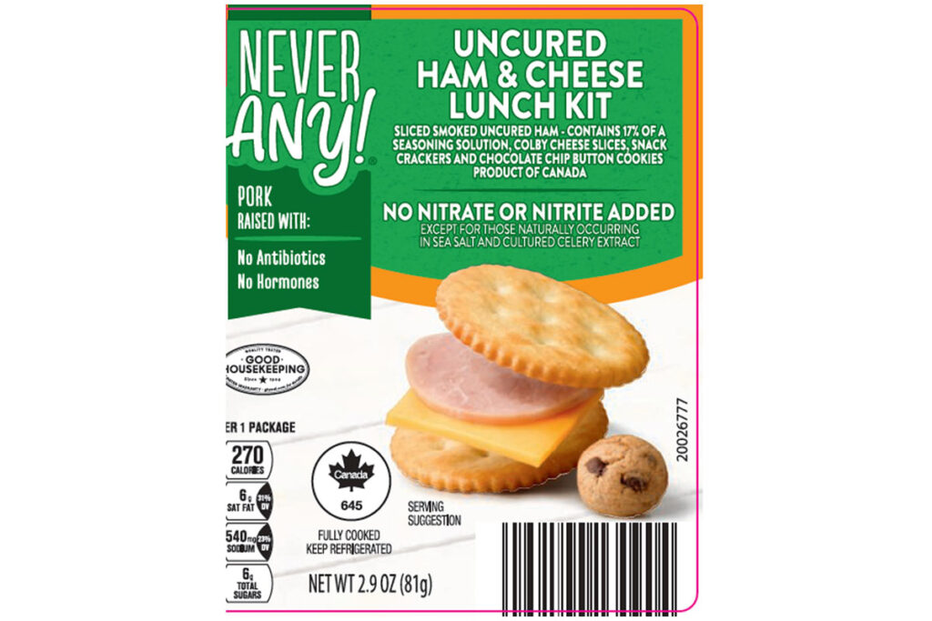 Product photo of recalled lunch kit by Nevery Any, representing the ham and cheese lunch kits alert.