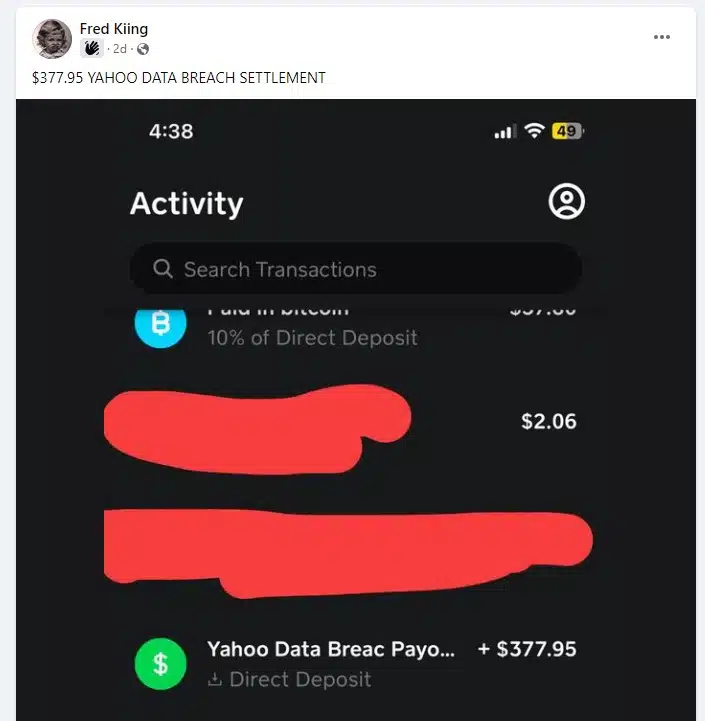 Yahoo Data Breach FB 6-19-23 settlement checks