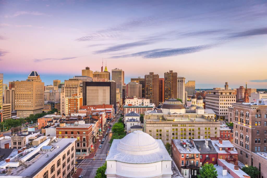 Baltimore, Maryland skyline with a beautiful sunset, representing the Baltimore Gas and Electric lawsuit.