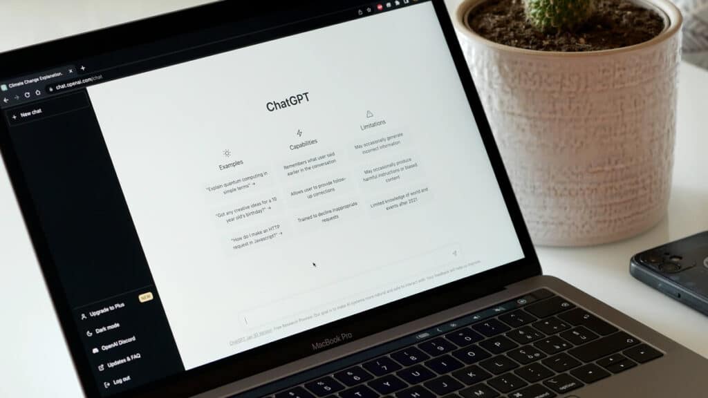 Close up of Chat GPT homepage displayed on a laptop screen, representing the ChatGPT lawsuit.