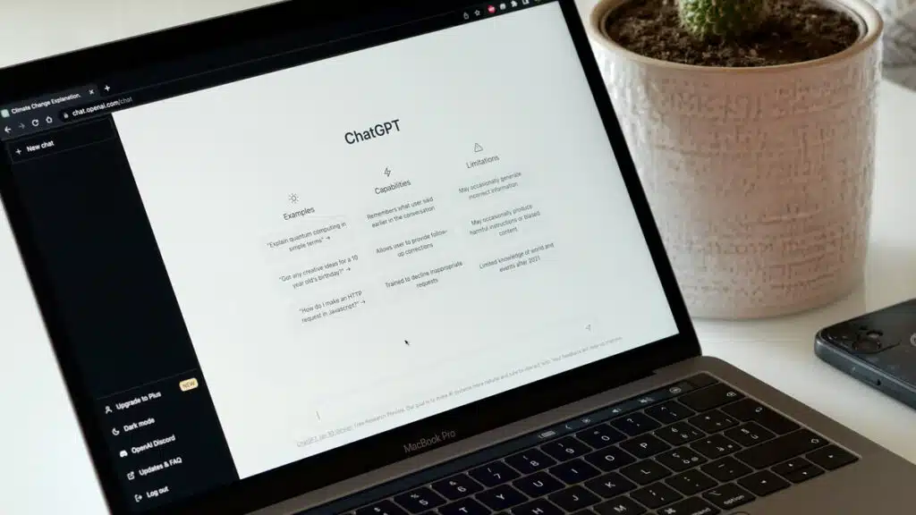 Close up of Chat GPT homepage displayed on a laptop screen, representing the ChatGPT lawsuit.