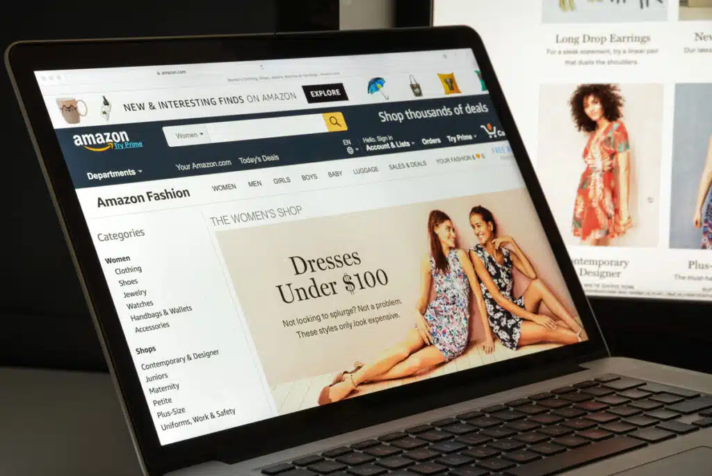 Close up of Amazon homepage shown on a laptop screen, representing Amazon lawsuits.