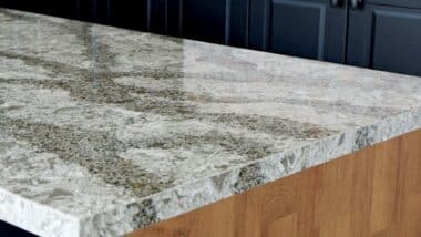 Quartz stone countertop in kitchen, Quartz countertop silicosis occurs after workers are exposed to years of silica dust generated from cutting and sanding stone countertops.