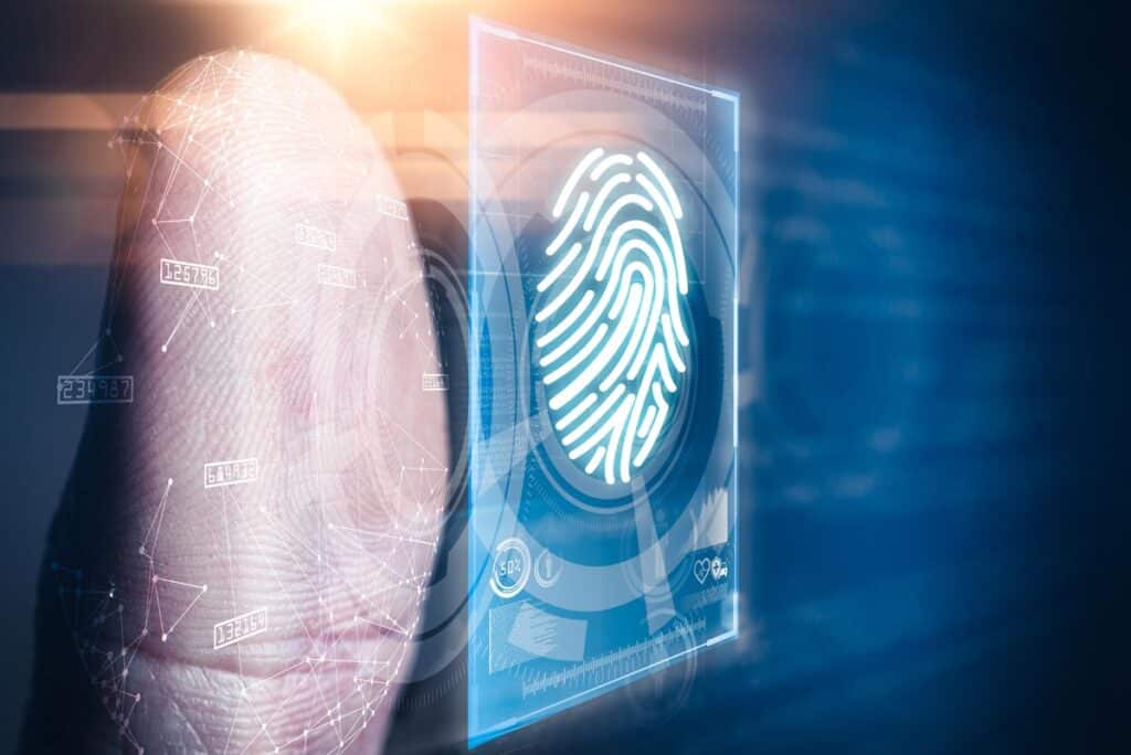 Close up of a thumbprint, with a fingerprint concept overlay, representing the Stellar Manufacturing BIPA class action lawsuit settlement.