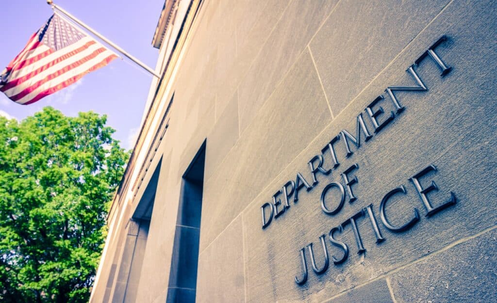 The northern facade of the Department of Justice building in the Nations capital, representing the DOJ's Texas Rio Grande barrier lawsuit.