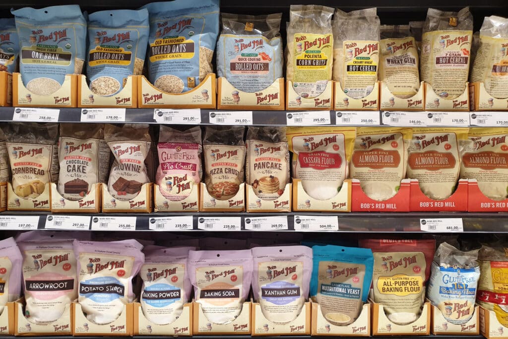 Bob's Red Mill products on a grocery store shelf, representing the Bob's Red Mill class action.