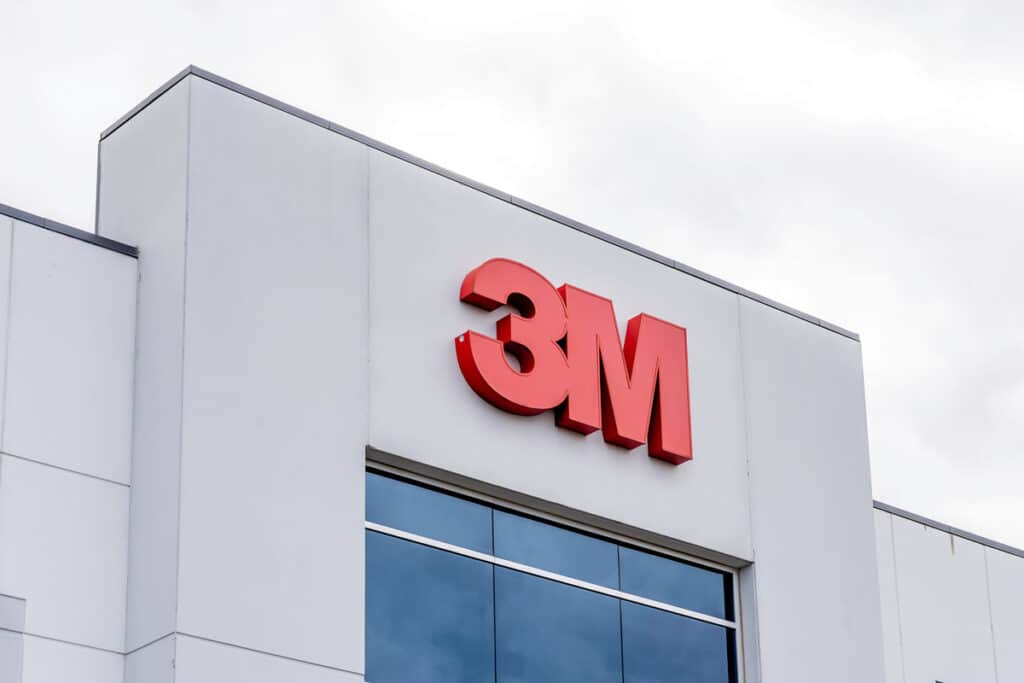 Close up of 3M signage on a building, representing the 3M and Solvay lawsuit.