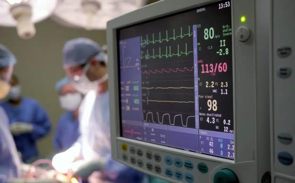 heart surgery underway, moniter in the foreground surgeons and patient in background.