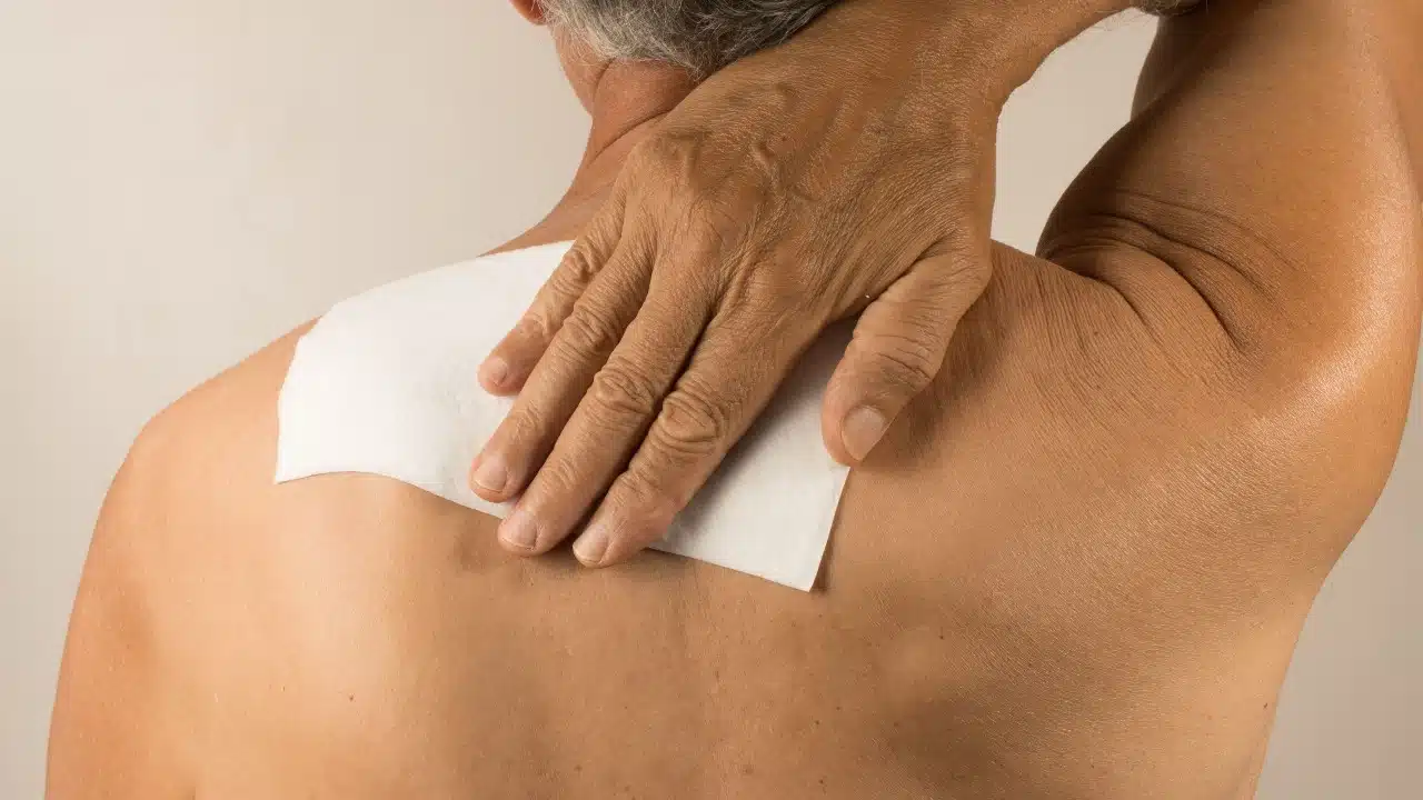 Man wearing a medicated patch for pain